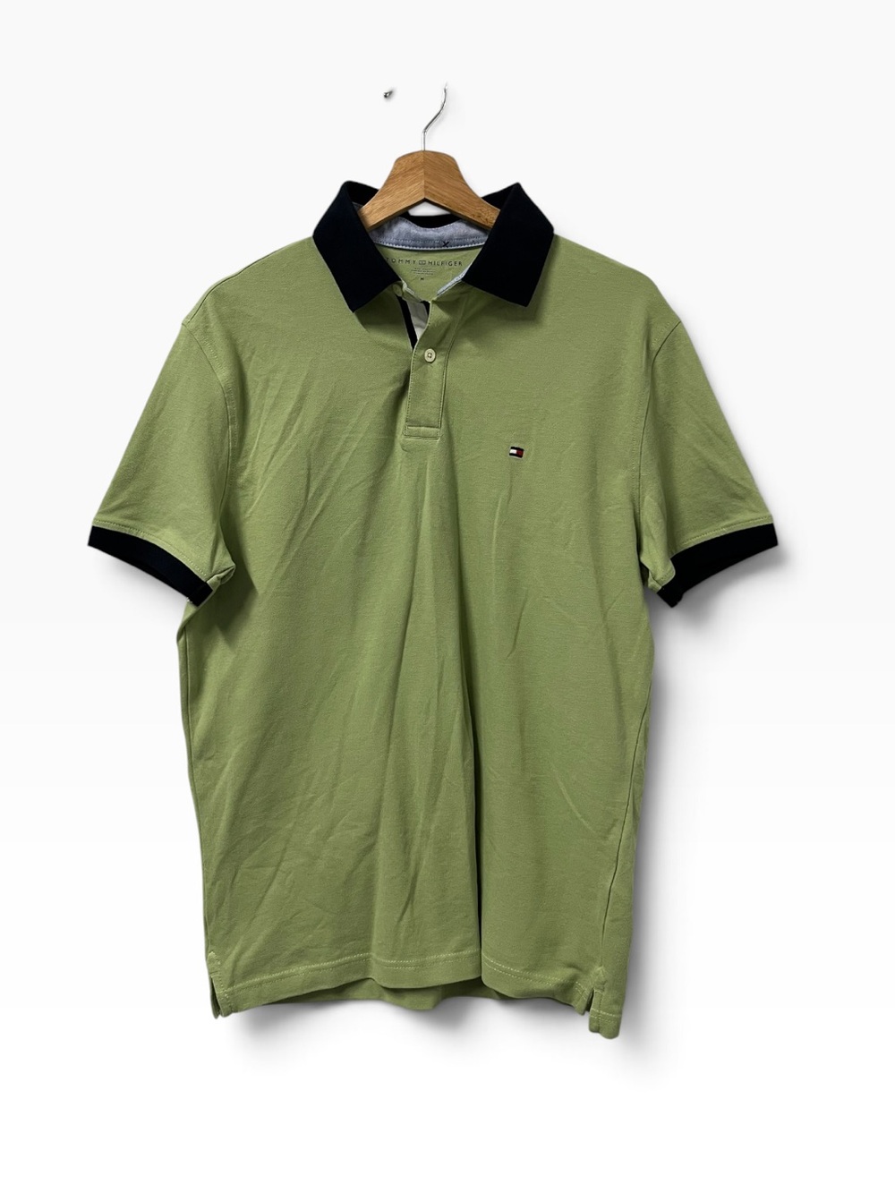 Tommy Hilfiger Polo Shirt Men’s M Green Cotton Slim Fit Retro Preppy Logo